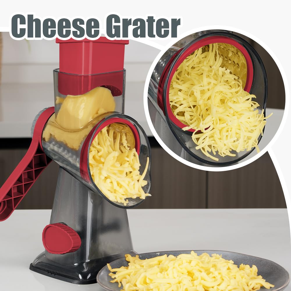 KEOUKE Rotary Cheese Grater Hand Crank Transparent - Shredder Slicer Grinder 3 Stainless Steel Blades, Stable Suction, Labor-Saving Handle, Safe Kitchen Tool for Cheese, Vegetable, Nuts, Chocolate