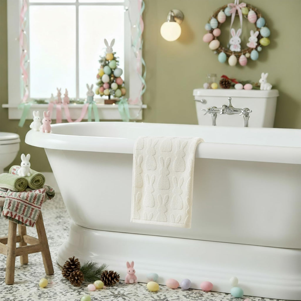 Artoid Mode 2 Pcs Beige 3D Rabbit Jacquard Easter Hand Towels for Bathroom, 100% Cotton Soft Absorbent Bathroom Decor Towels, 13.7 x 29.5 Inch