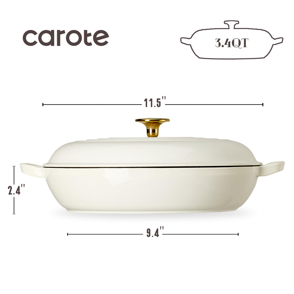 CAROTE 3.4QT Enameled Cast Iron Braiser Pan, Shallow Dutch Oven Casserole Skillets, Non-Toxic Cast Iron Pot with Lid for Grilling, Searing, Baking, Dual Handles, All Stovetop Compatible, White