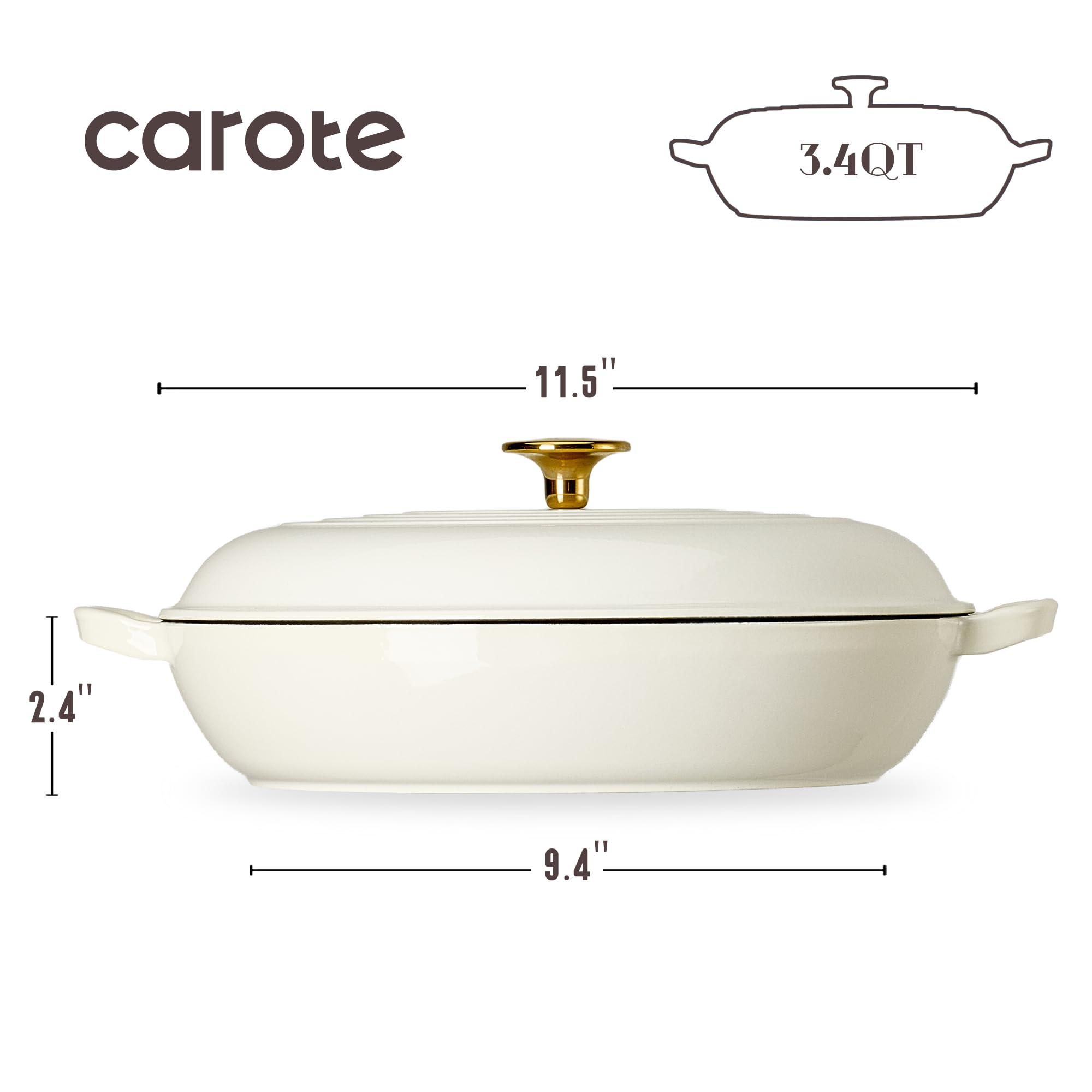 CAROTE 3.4QT Enameled Cast Iron Braiser Pan, Shallow Dutch Oven Casserole Skillets, Non-Toxic Cast Iron Pot with Lid for Grilling, Searing, Baking, Dual Handles, All Stovetop Compatible, White