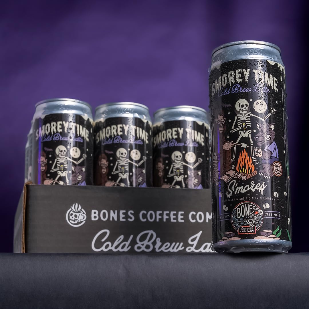 Bones Coffee Company S'mores Iced Coffee Latte - S'mores Flavored Canned Coffee Drink - 12 Pack Cans - 11 Oz Each