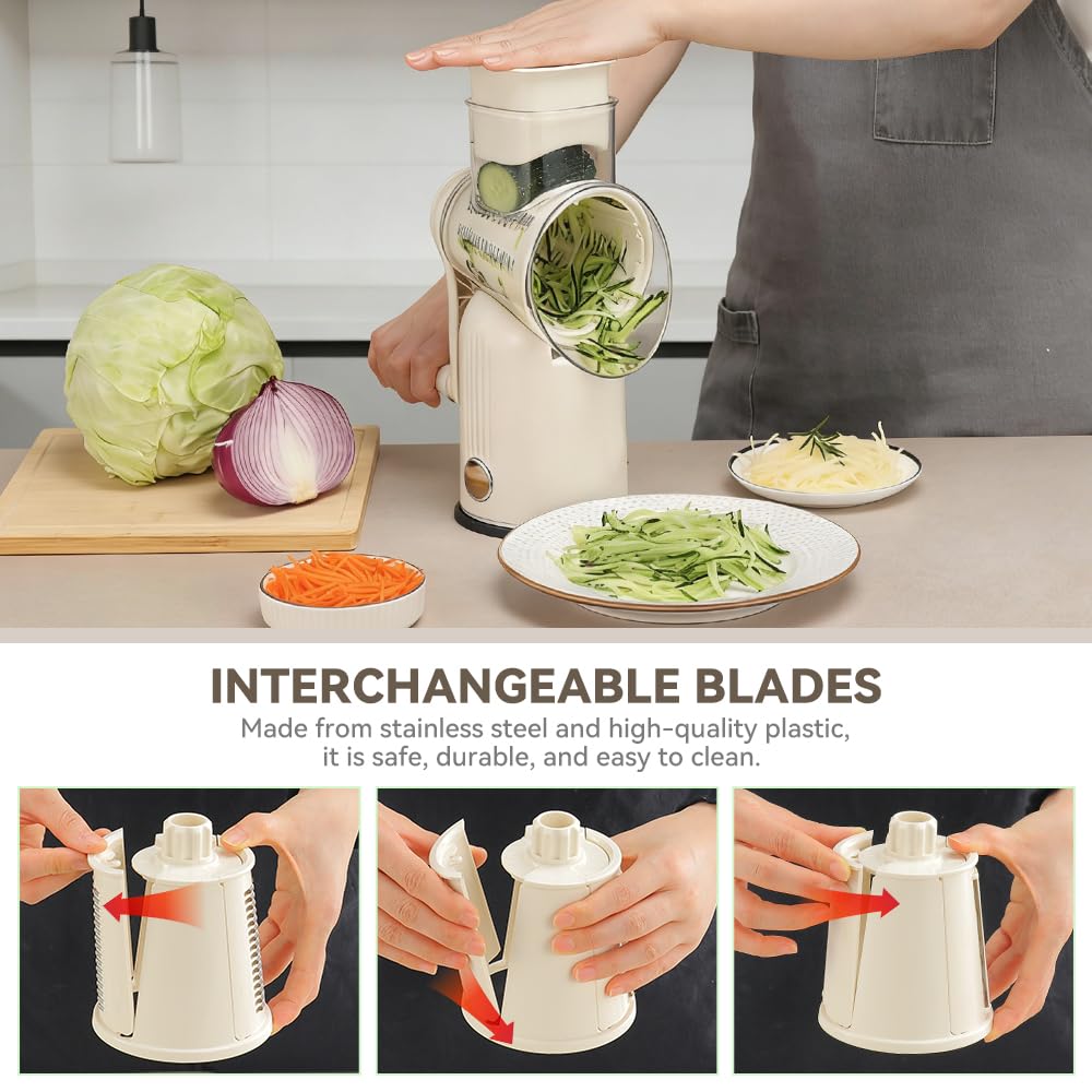 KEOUKE Rotary Cheese Grater 5 in 1 White - Hand Crank Vegetable Cutter, Shredder, Slicer, Enlarge Input, Suction Base, Labor-Saving Handle, Blade Storage Box, for Onion, Potato, Vegetable, Nuts, etc