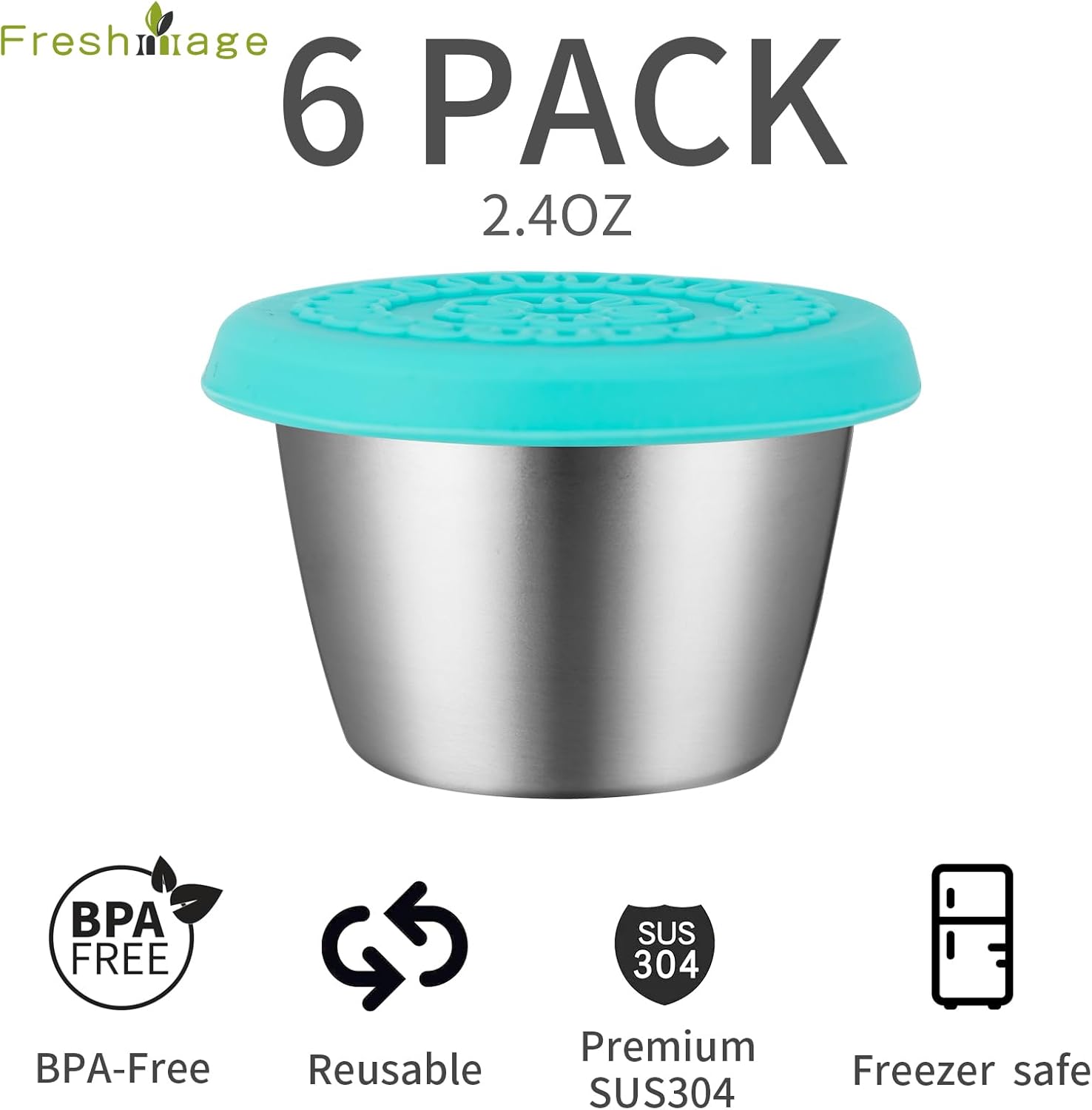 Freshmage [6 Pack 2.4oz Stainless Steel Dressing Container with Silicone Lids and [6 Pack] 2.7 oz Small Condiment Containers