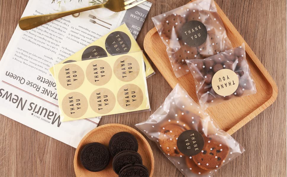 100PACK Self Sealing Cellophane Bags Clear Cookie Treat Bags Thank You for Gift Giving Candy with Stickers(White Polka Dot, 4x4 INCH)