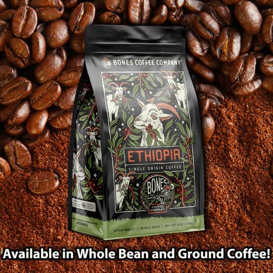Bones Coffee Company Ethiopia Single-Origin, Citrus, Floral and Berries Notes, Whole Coffee Beans, Low Acid Medium Roast Arabica Beans Flavored Coffee, 12 oz Whole Bean
