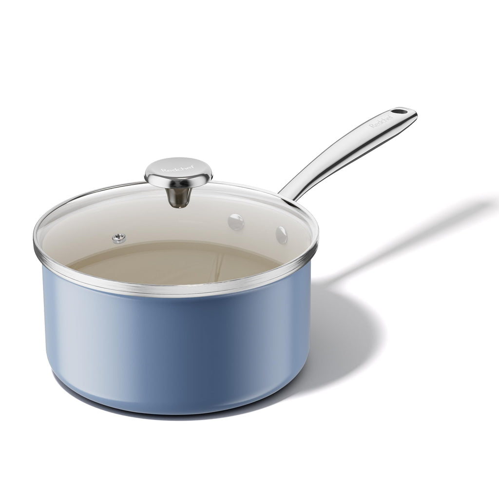 Redchef Nonstick Ceramic Sauce Pan with Lid, 2.5QT Small Cooking Pot with Stay-Cool Handle, Kitchen Non Toxic Soup Pot, PTFE & PFOA Free, Oven & Dishwasher Safe, Compatible with All Stovetops-Blue