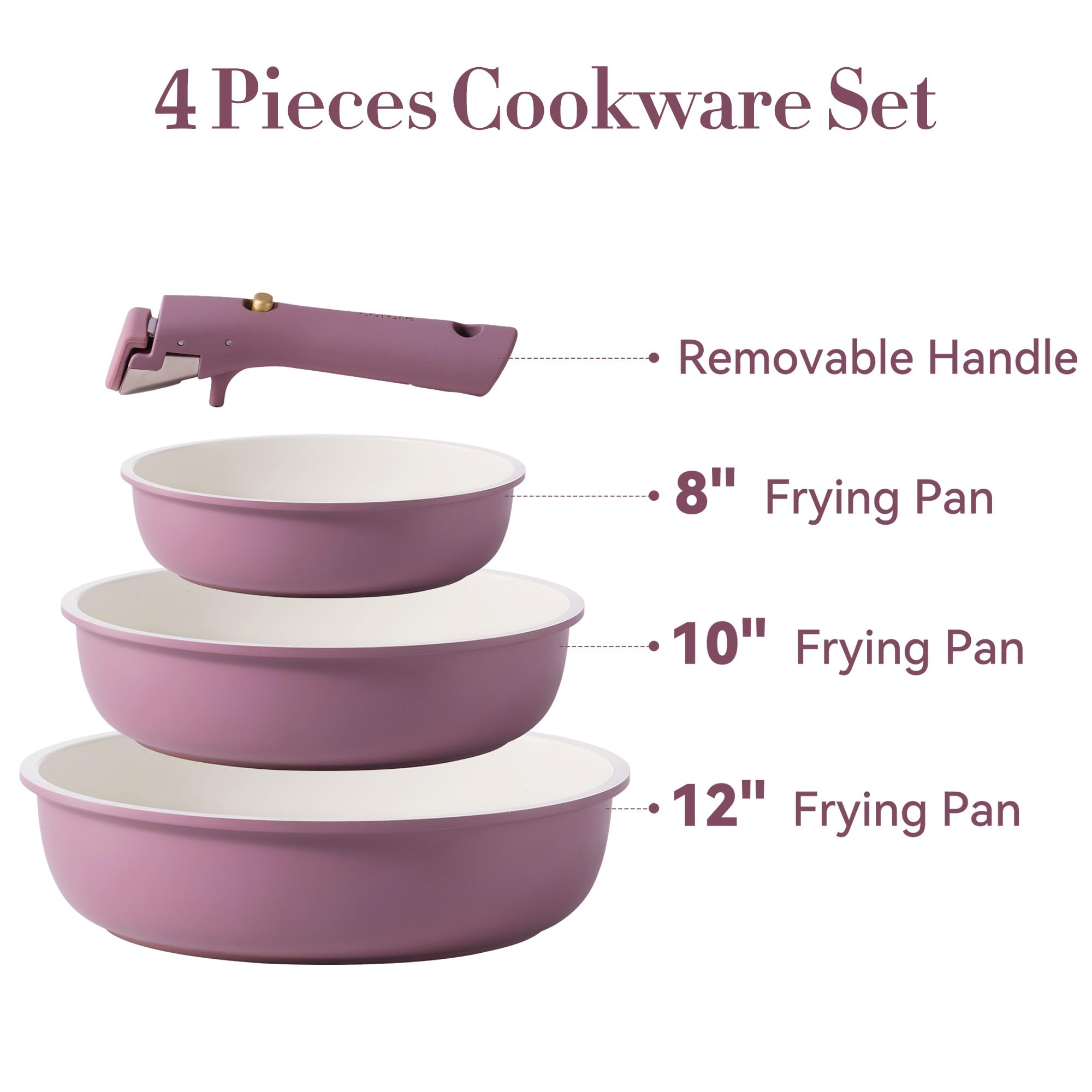 CAROTE Non Stick Frying Pans, 8"+10"+12” Frying Pan Egg Pan Omelet Pans with Detachable Handle, Stone Non Toxic Cookware, PFOA Free, Induction Compatible & Oven Safe, Dishwasher Safe, Purple
