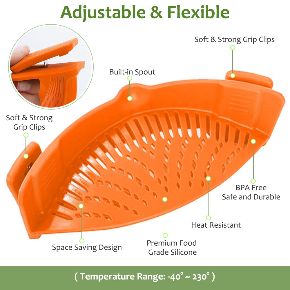 YEVIOR Clip on Strainer for Pots Pan Pasta,Silicone Food Pan Strainer | Food-grade BPA-free,Kitchen Food Strainer for Spaghetti, Pasta,Vegetable Fruits Fits All Bowls and Pots (Green)