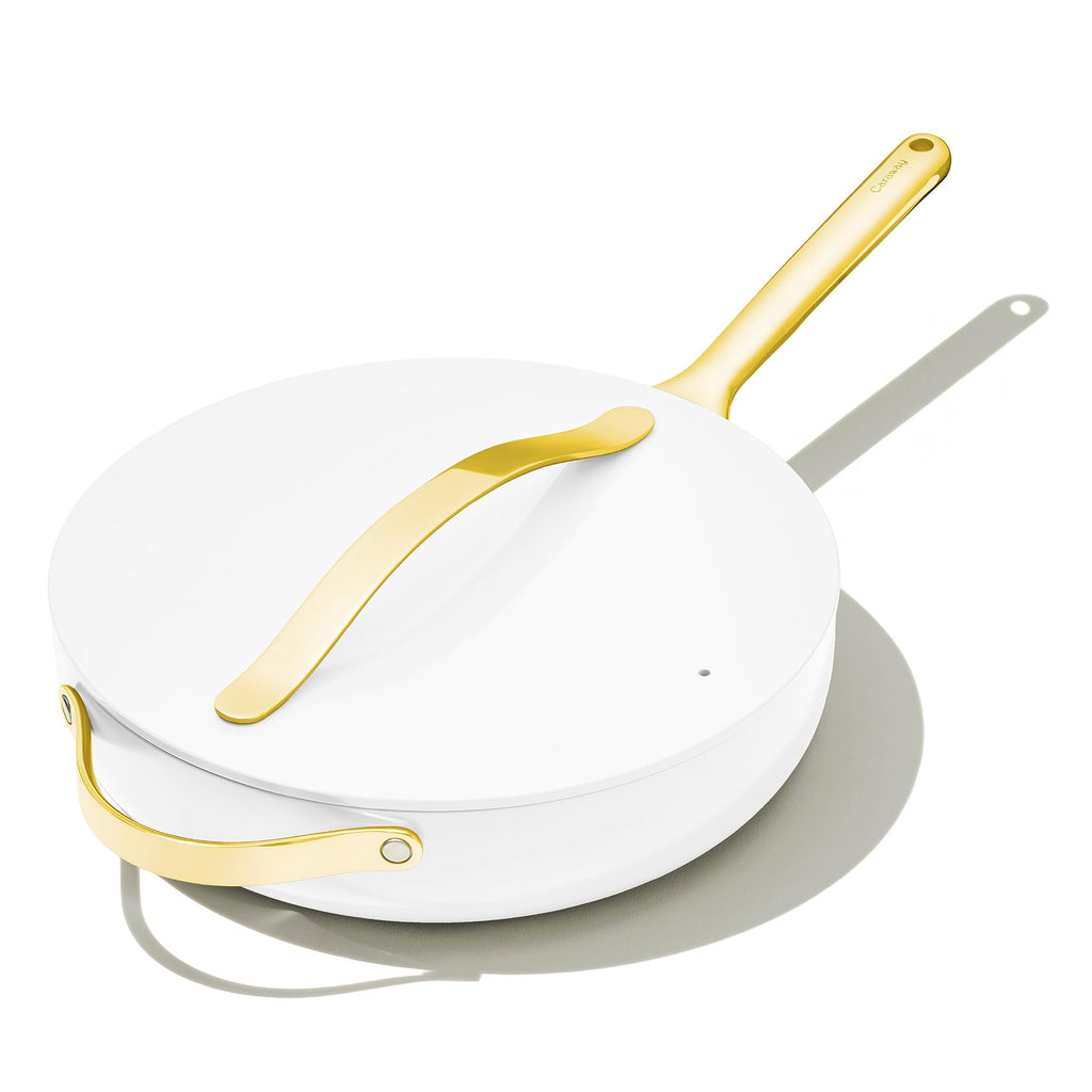 Caraway Nonstick Ceramic Sauté Pan with Lid (4.5 qt, 11.8") - Non Toxic, PTFE & PFOA Free - Oven Safe & Compatible with All Stovetops (Gas, Electric & Induction) - Cream