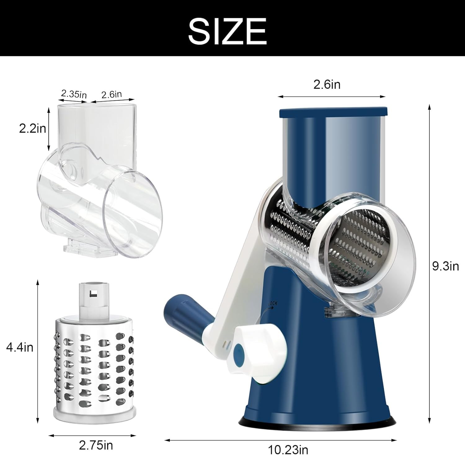 Cambom 5 in 1 Rotary Cheese Grater Hand Crank Cheese Shredder for Fresh Cheese, Vegetable, Nuts,Non-slip Suction Base, Black