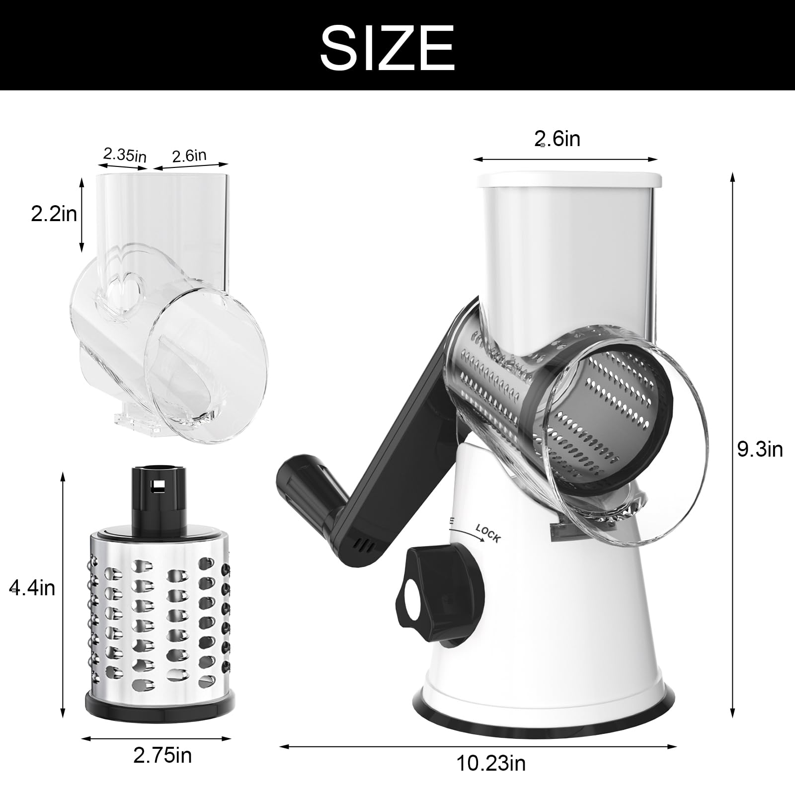 Cambom 5 in 1 Rotary Cheese Grater Hand Crank Cheese Shredder for Fresh Cheese, Vegetable, Nuts,Non-slip Suction Base, Black