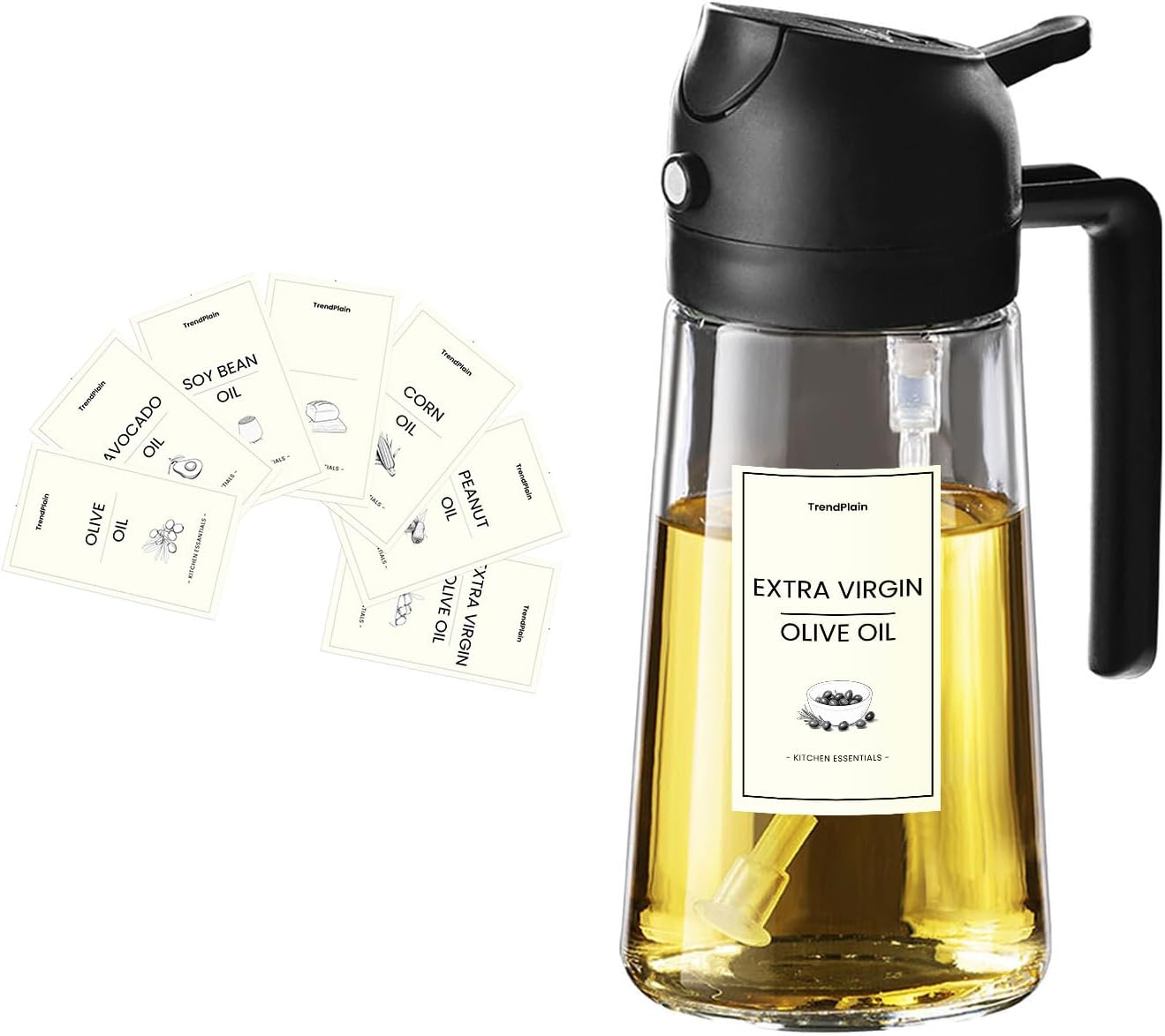TrendPlain Oil Sprayer for Cooking with 8 Waterproof Stickers – Black Lid Set