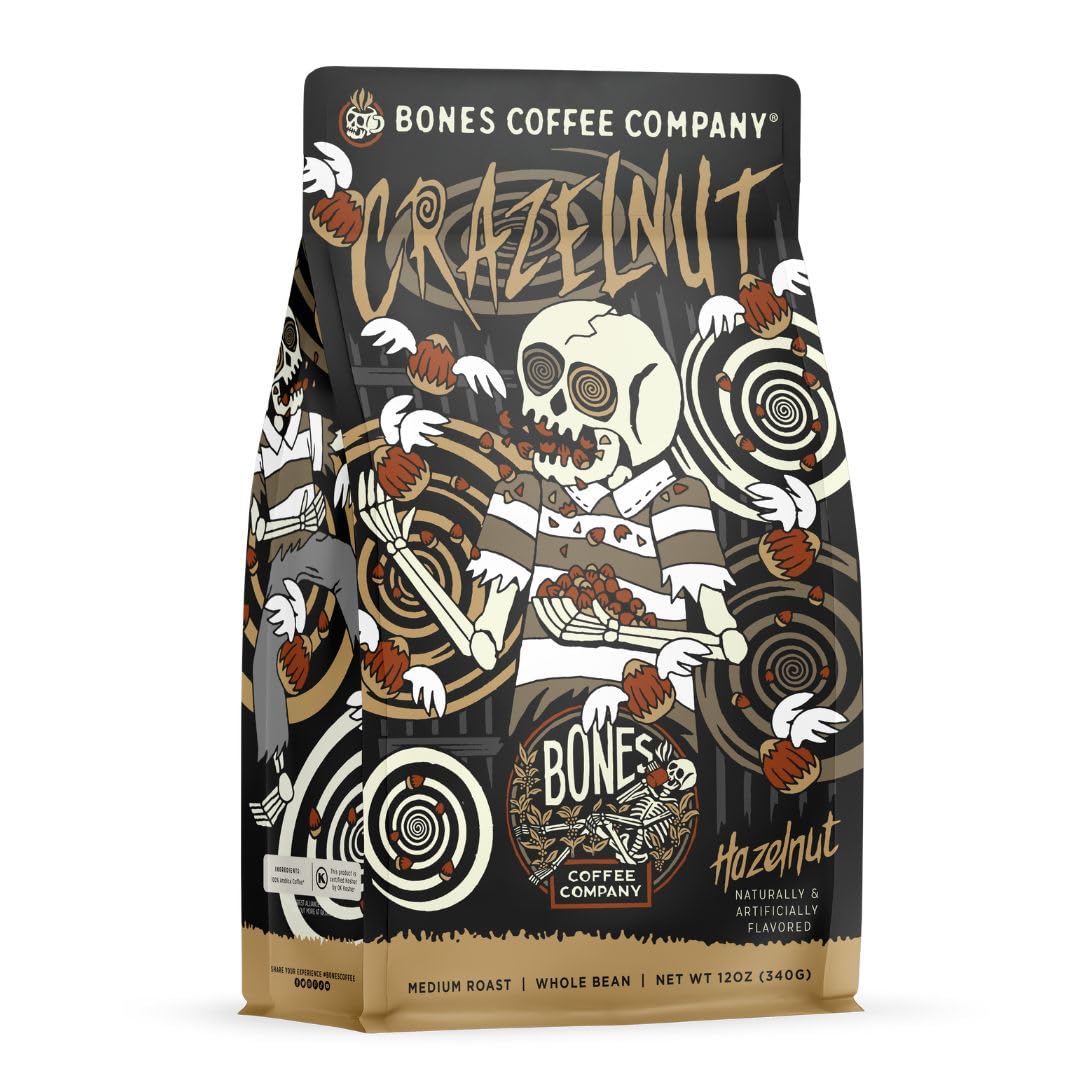 Bones Coffee Company Cinnamon Roll Flavored Coffee, Medium Roast Low Acid Arabica Beans Compatible with Auto drip and French Press Coffee Maker, 12 Oz Whole Bean