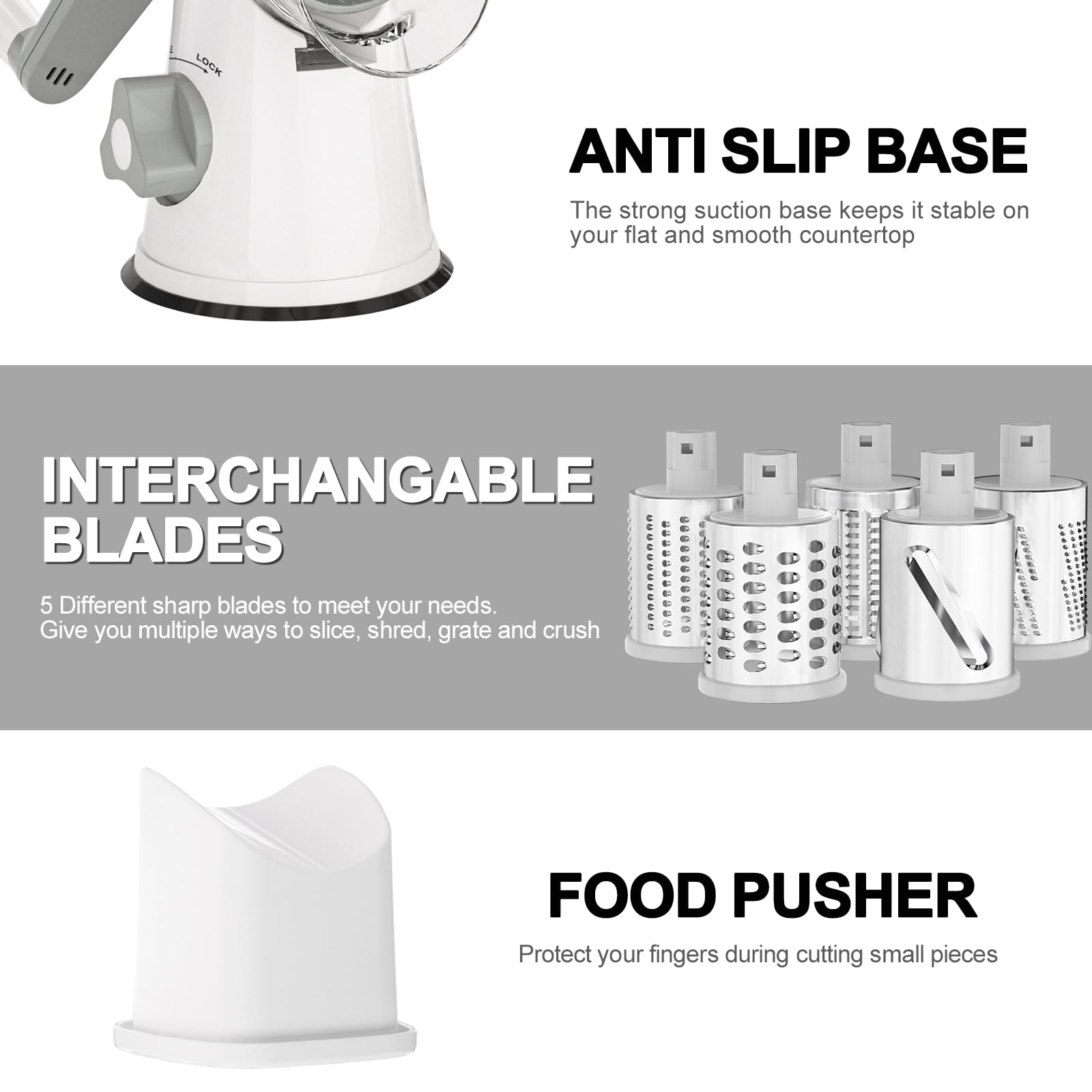 Cambom 5 in 1 Rotary Cheese Grater Hand Crank Cheese Shredder for Fresh Cheese, Vegetable, Nuts,Non-slip Suction Base, Black