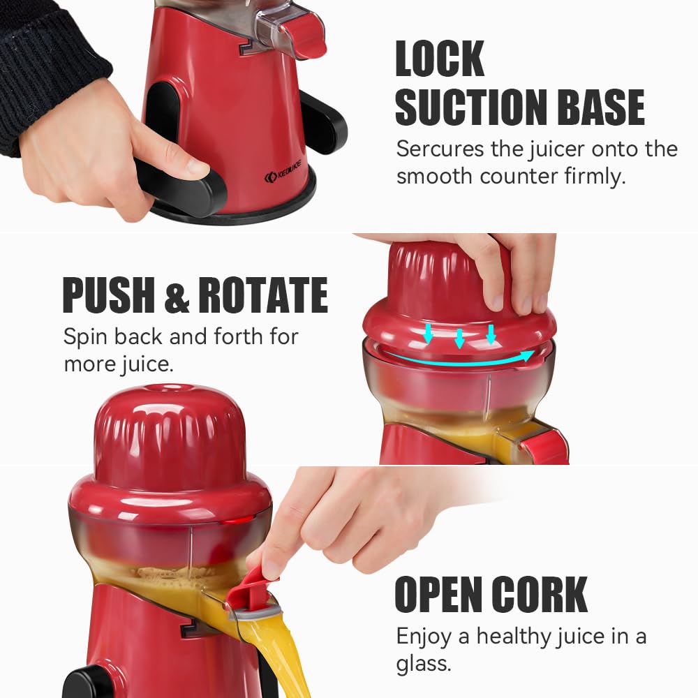 KEOUKE Manual Citrus Juicer Tower Red - Detachable with Juice Storage, Non-Slip Suction Base, Easy to Clean, Includes Cleaning Brush - for Oranges, Lemons, Limes, Grapefruits