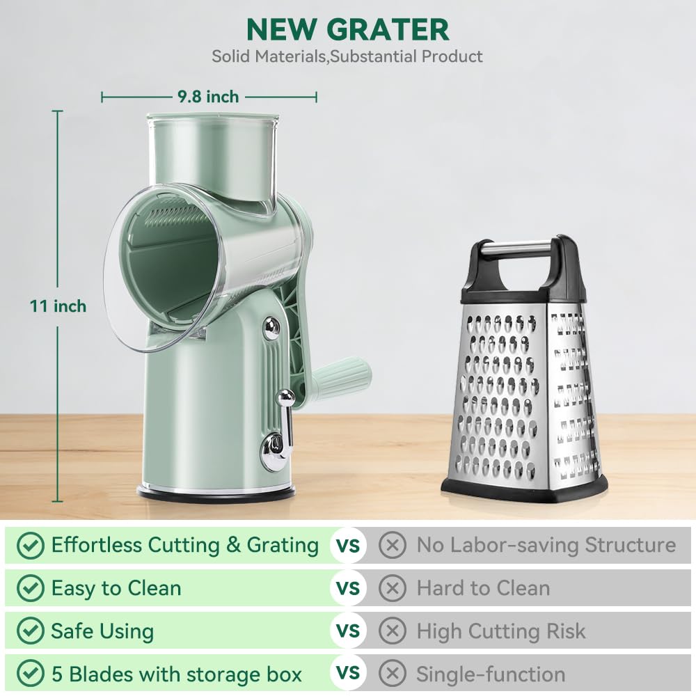 KEOUKE Rotary Cheese Grater 5 in 1 White - Hand Crank Vegetable Cutter, Shredder, Slicer, Enlarge Input, Suction Base, Labor-Saving Handle, Blade Storage Box, for Onion, Potato, Vegetable, Nuts, etc