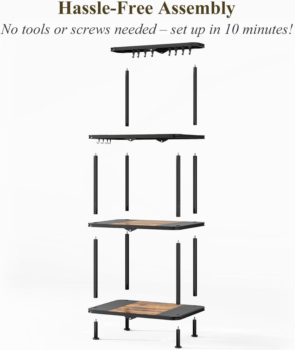 SNTD Kitchen Bakers Rack with Power Outlet - Easy & Tool-Free Assembly, Adjustable Coffee Bar Station 4 Tiers, Microwave Stand with 12 Hooks, Brown