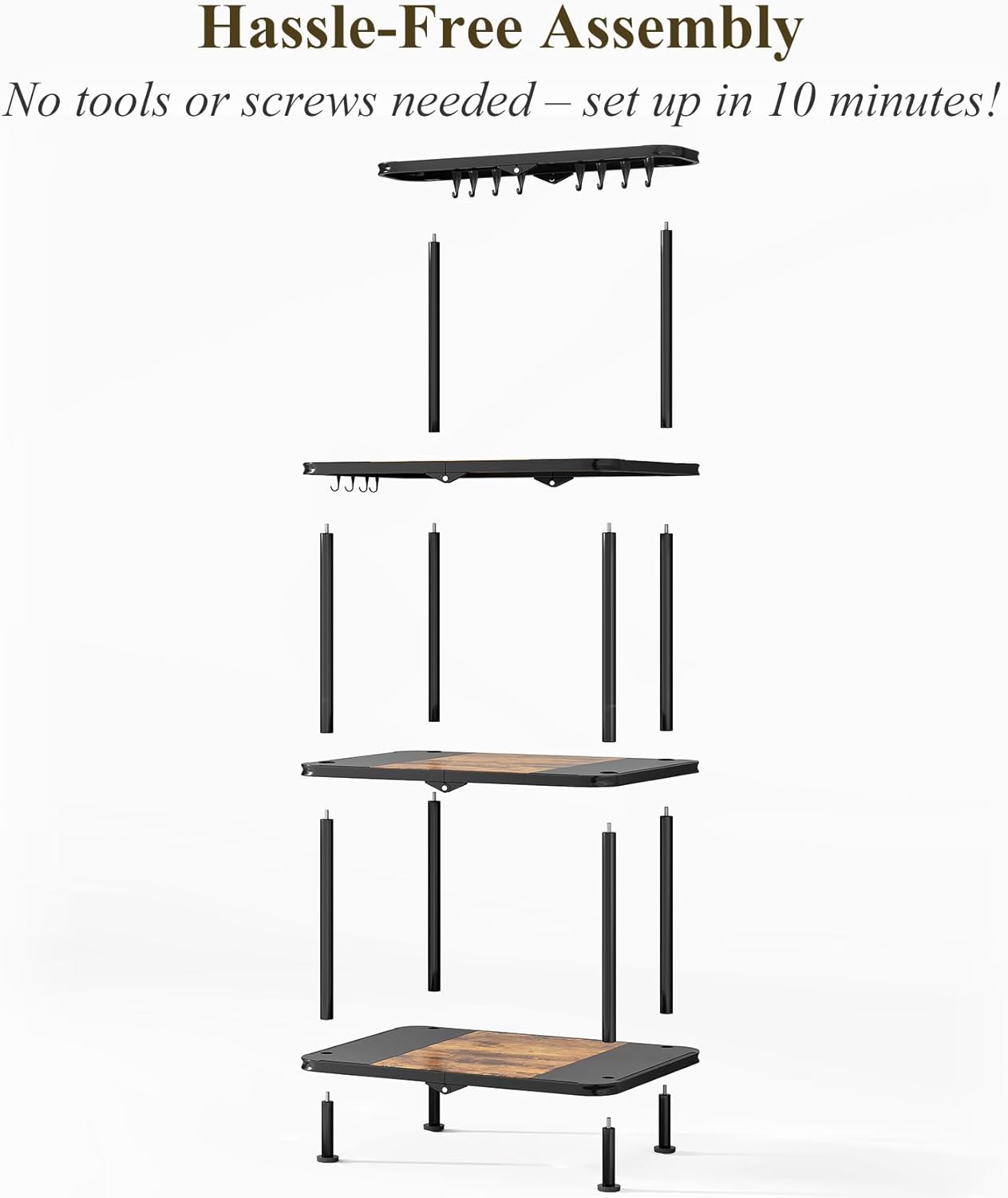 SNTD Kitchen Bakers Rack with Power Outlet - Easy & Tool-Free Assembly, Adjustable Coffee Bar Station 4 Tiers, Microwave Stand with 12 Hooks, Brown