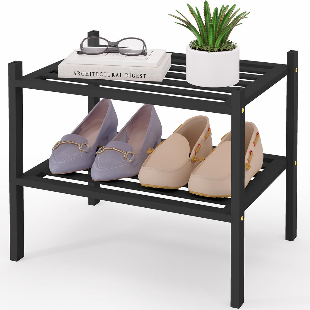 Smiry Bamboo Shoe Rack 3-Tier, Stackable Wooden Shoe Organizer for Entryway & Closet, Free Standing Wood Shoe Storage Shelf for Front Door & Small Spaces, Natural