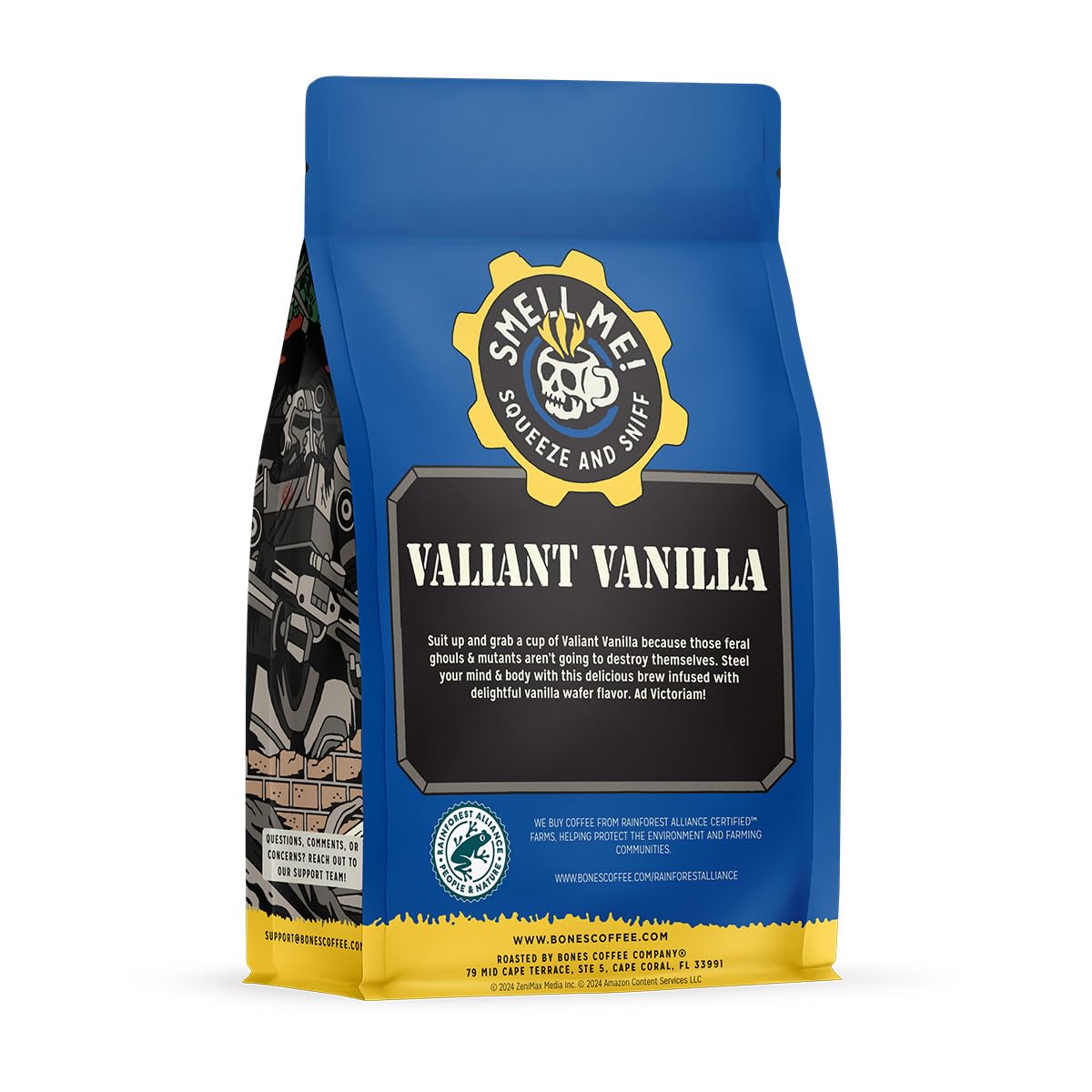 Bones Coffee Company Fallout Rocky Route 66, Rocky Road Flavored Coffee, Medium Roast Low Acid Arabica Beans Compatible with Auto drip and French Press Coffee Maker, 12 Oz Ground