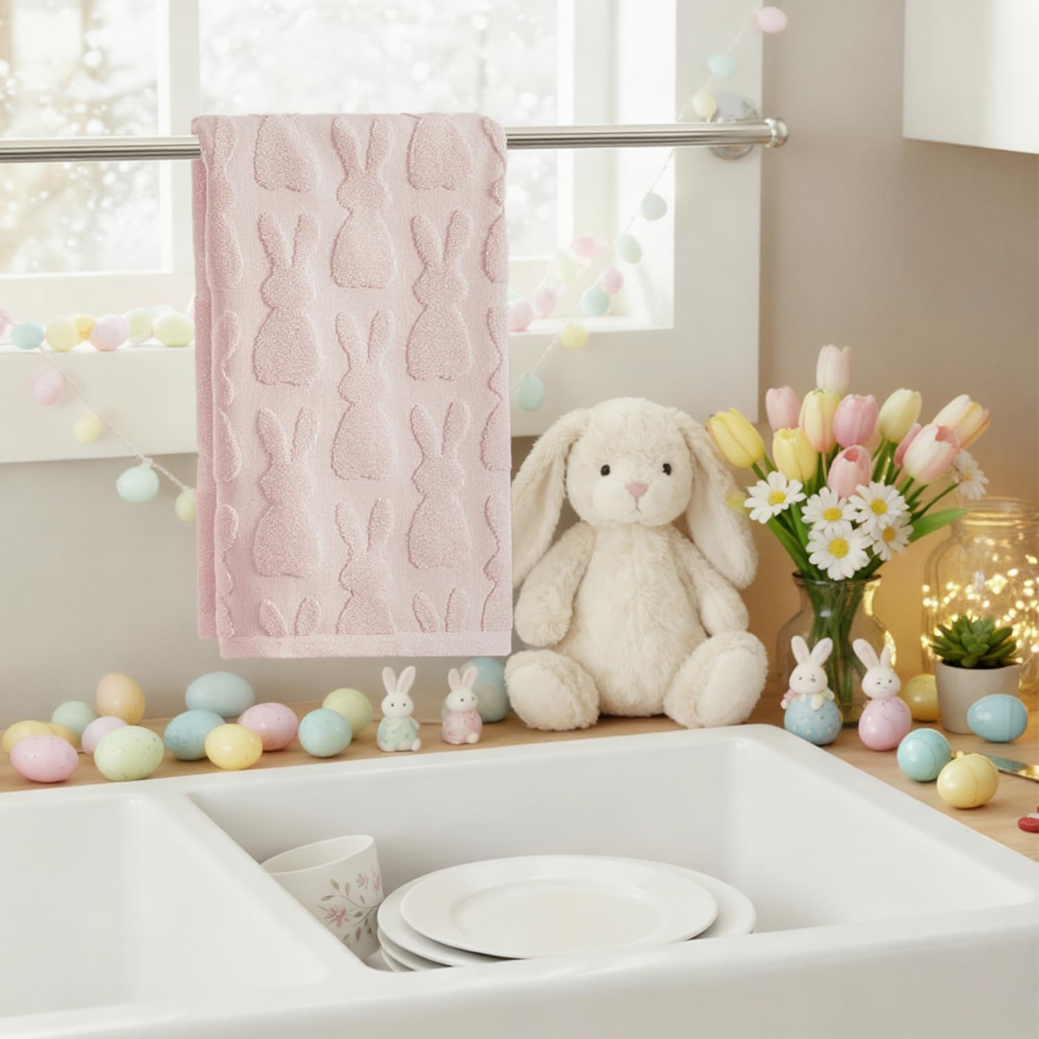 Artoid Mode 2 Pcs Beige 3D Rabbit Jacquard Easter Hand Towels for Bathroom, 100% Cotton Soft Absorbent Bathroom Decor Towels, 13.7 x 29.5 Inch