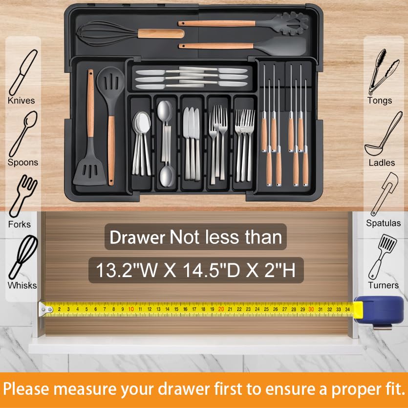 Homecor Silverware Organizer - Expandable Large Kitchen Drawer Organizer Utensil Organizer with 2 Removable Knife Blocks, 22"x 19"Cutlery Tray Drawer Dividers for Kitchen Flatware(6-9 Slots) (Black)