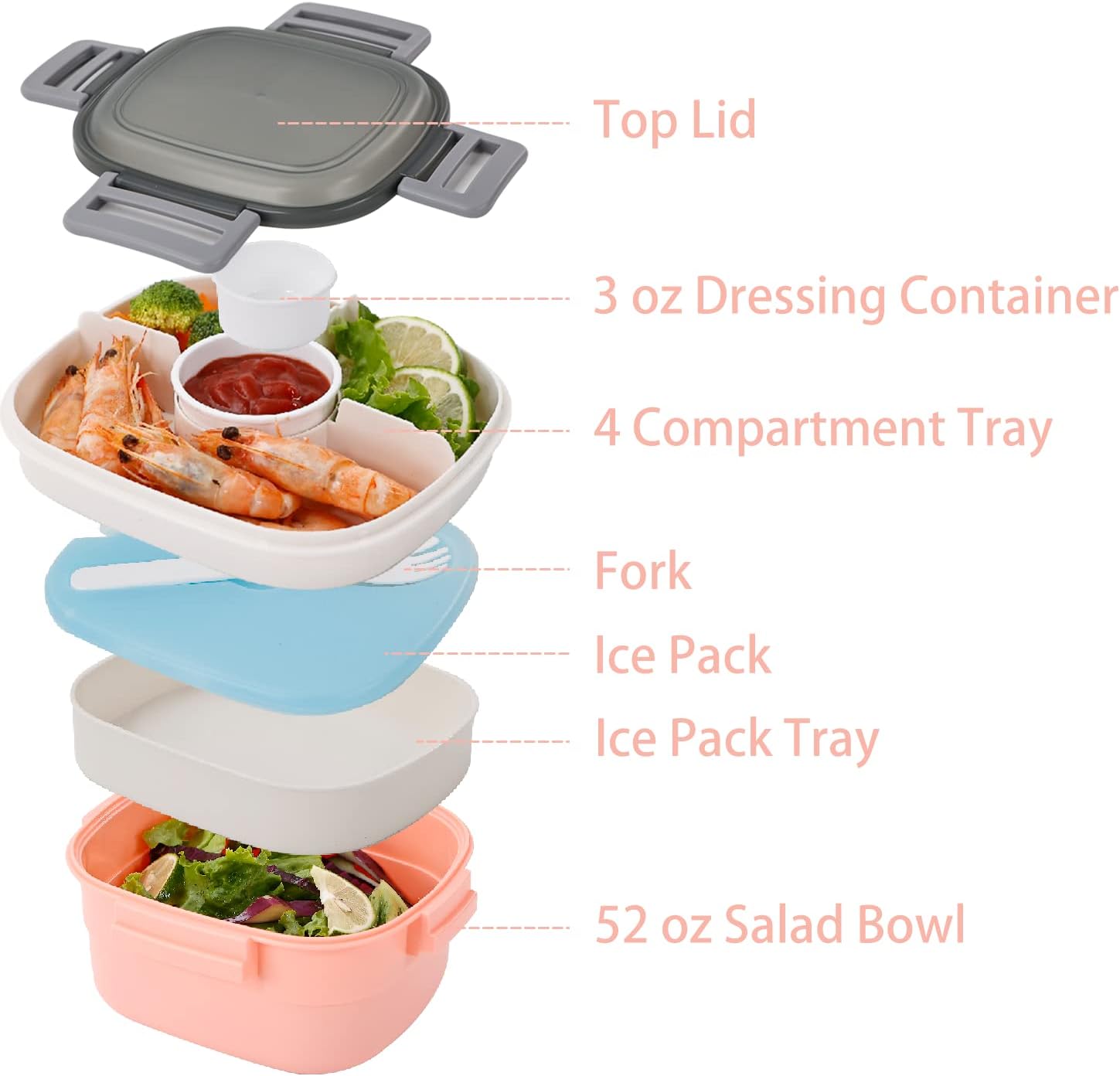 Freshmage Salad Lunch Container To Go, 52-oz Salad Bowls with 3 Compartments, Salad Dressings Container for Salad Toppings, Snacks, Men, Women (Blue+Grey) Ice Pack