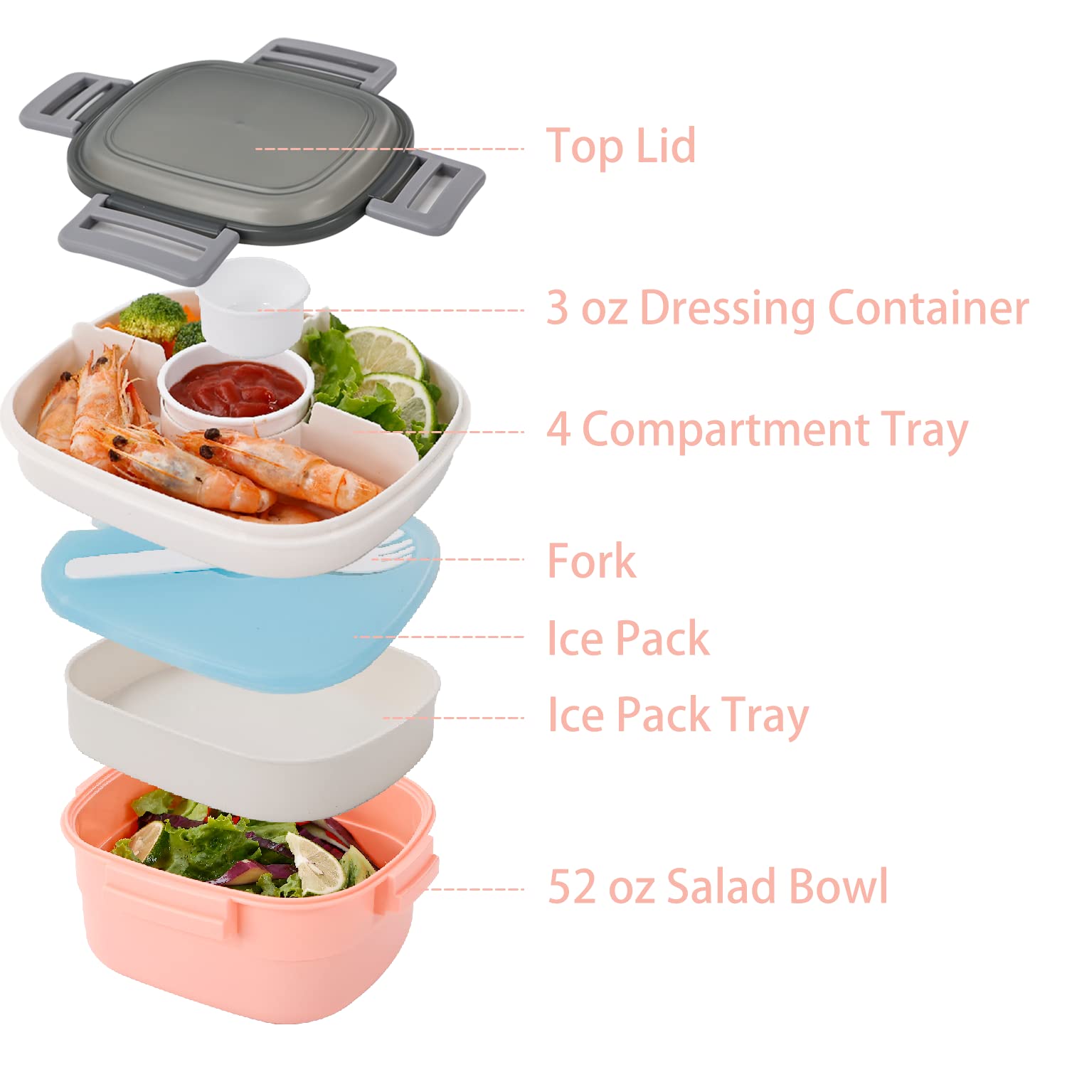 Freshmage Salad Lunch Container To Go, 52-oz Salad Bowls with 3 Compartments, Salad Dressings Container for Salad Toppings, Snacks, Men, Women (Blue)