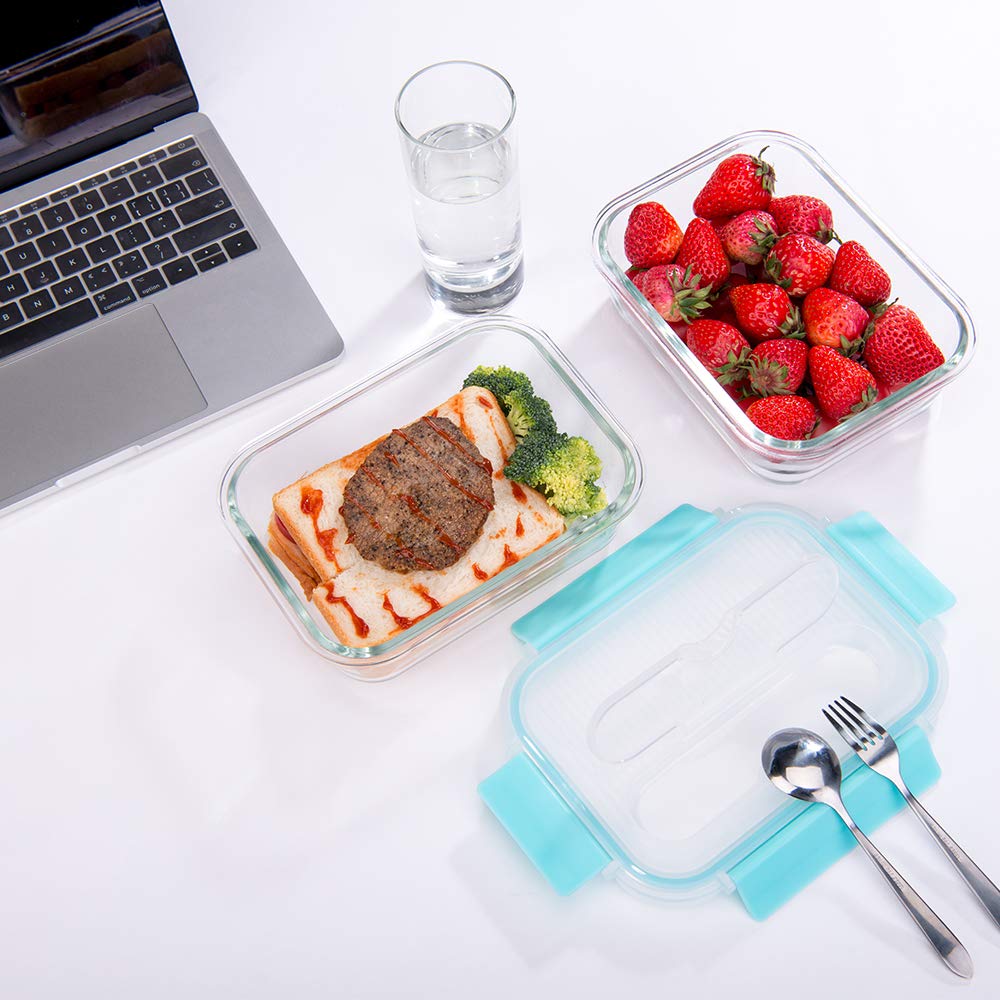 Large Glass Food Storage With Locking Lids - Bento Box Lunch and Meal Prep Containers [3-Pack, 36 OZ]