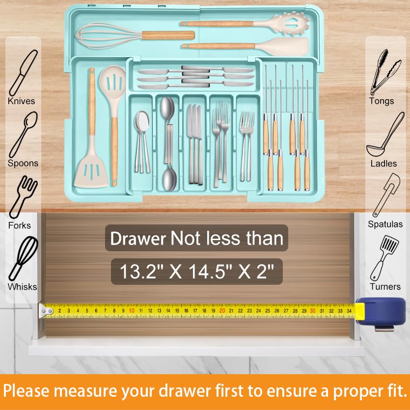 Homecor Silverware Organizer - Expandable Large Kitchen Drawer Organizer Utensil Organizer with 2 Removable Knife Blocks, 22"x 19"Cutlery Tray Drawer Dividers for Kitchen Flatware(6-9 Slots) (Black)