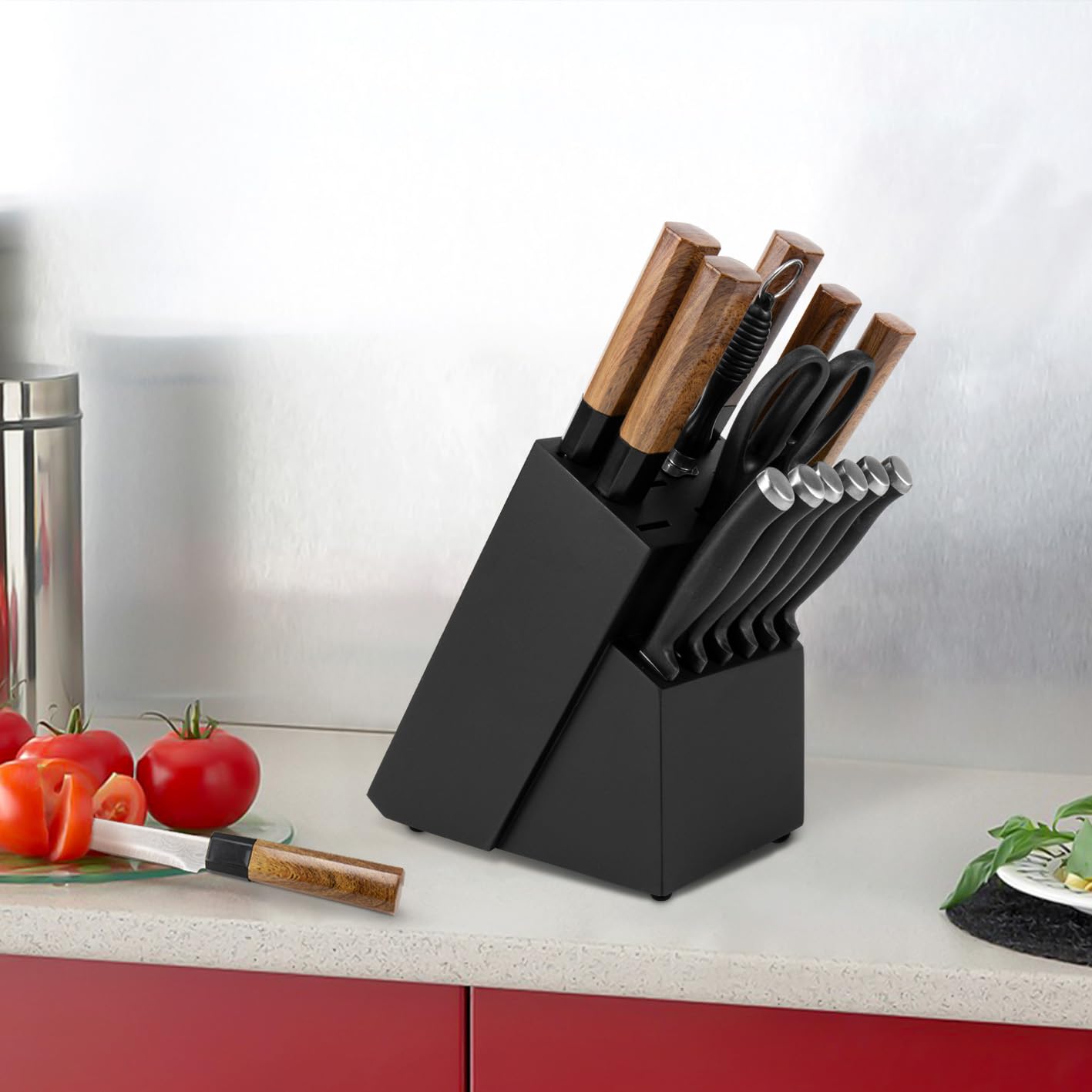 RedCall Universal Knife Block Holder,Large Wood Bamboo Knife Block without Knives,14 Slot Universal Knife Holder Countertop,Butcher Block Knife Storage Organizer for Kitchen (Brown)