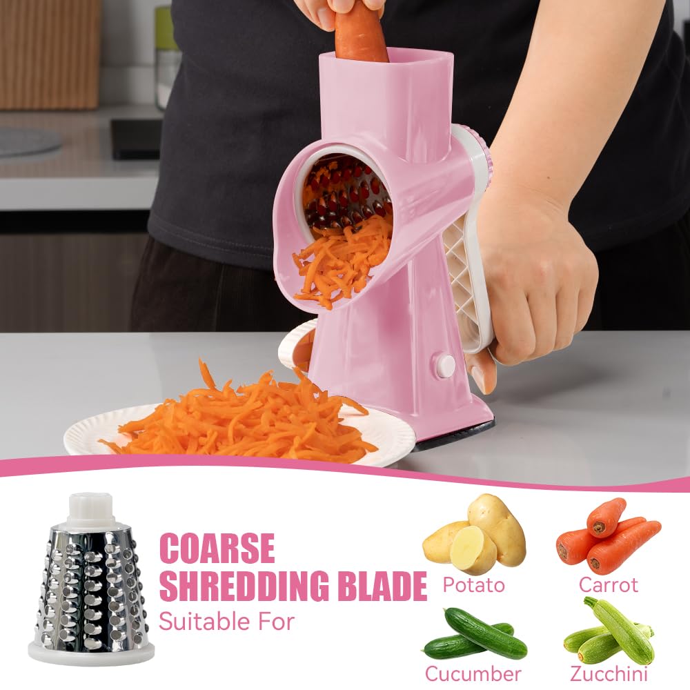 KEOUKE Rotary Cheese Grater Hand Crank Transparent - Shredder Slicer Grinder 3 Stainless Steel Blades, Stable Suction, Labor-Saving Handle, Safe Kitchen Tool for Cheese, Vegetable, Nuts, Chocolate