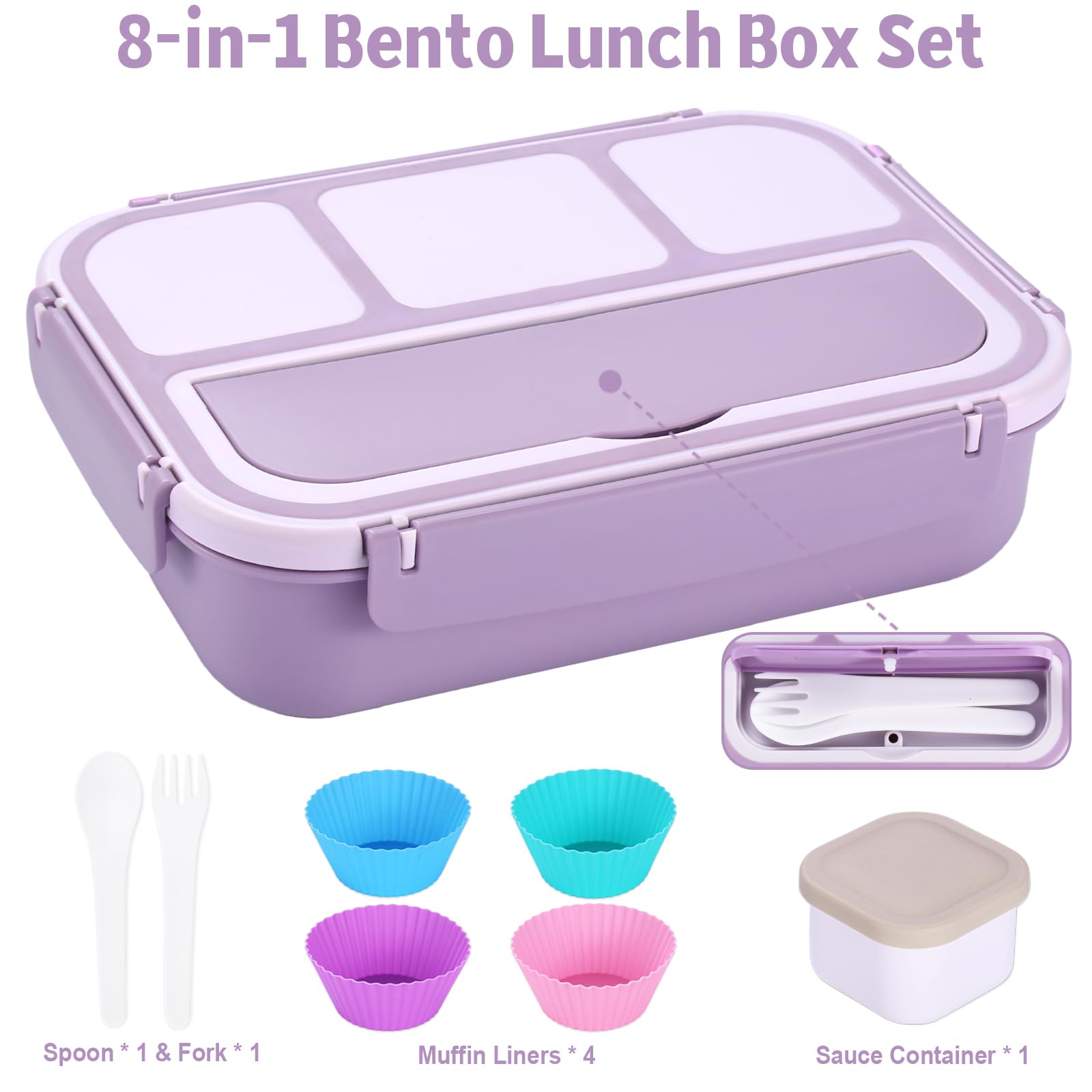 Bento Box Adult Lunch Box, Containers for Adults Men Women with 4 Compartments, Lunchable Food Container with Utensils, Sauce Jar, Muffin Liners, 40 Oz/5 Cup, Microwave & Dishwasher Safe, Brown