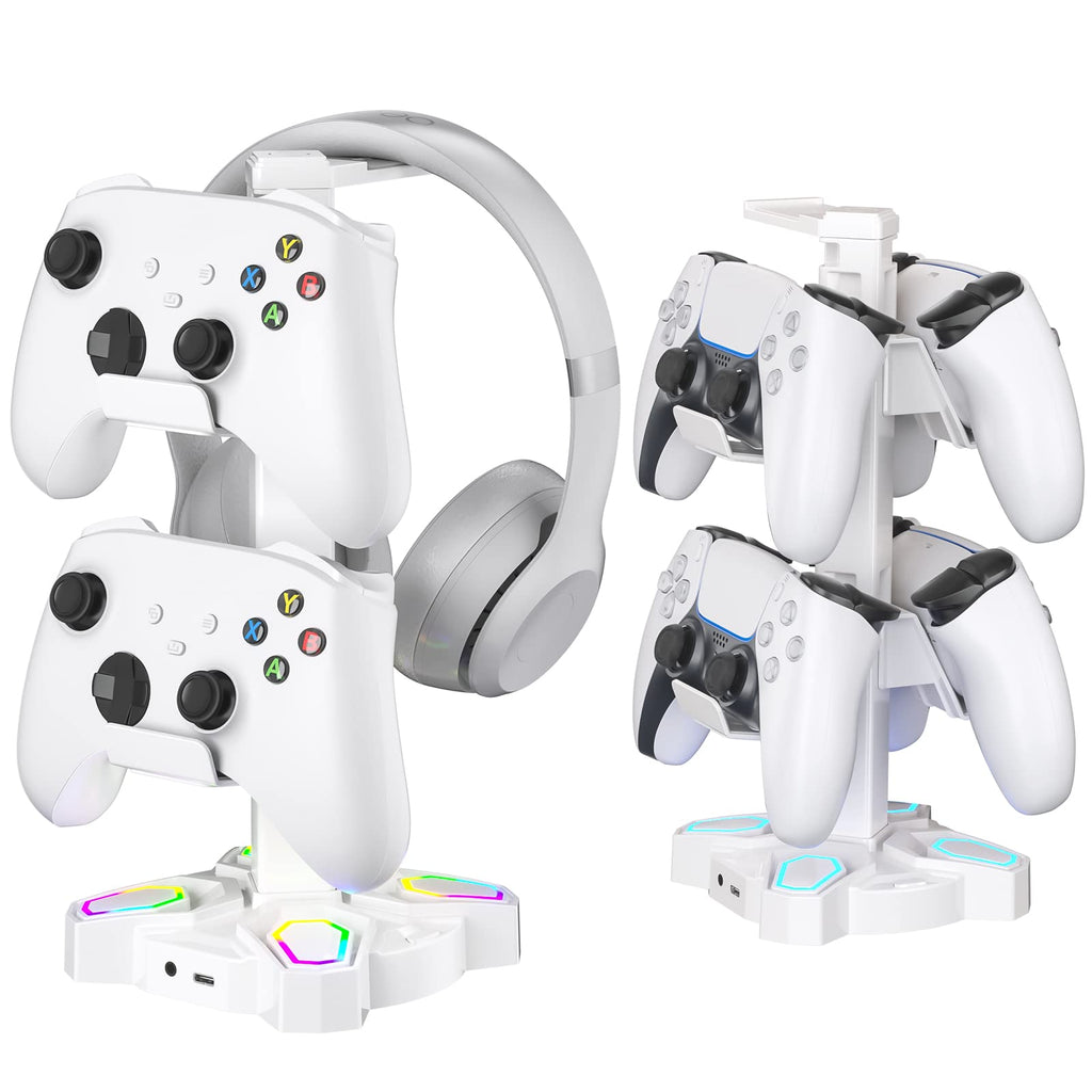 KDD Gaming Headphones Stand, Rotatable Headset Stand with Light Modes - Controller Holder with 2 USB Charging Ports and 3.5mm - Earphone Hanger Accessories for Desktop Gamer(Black)