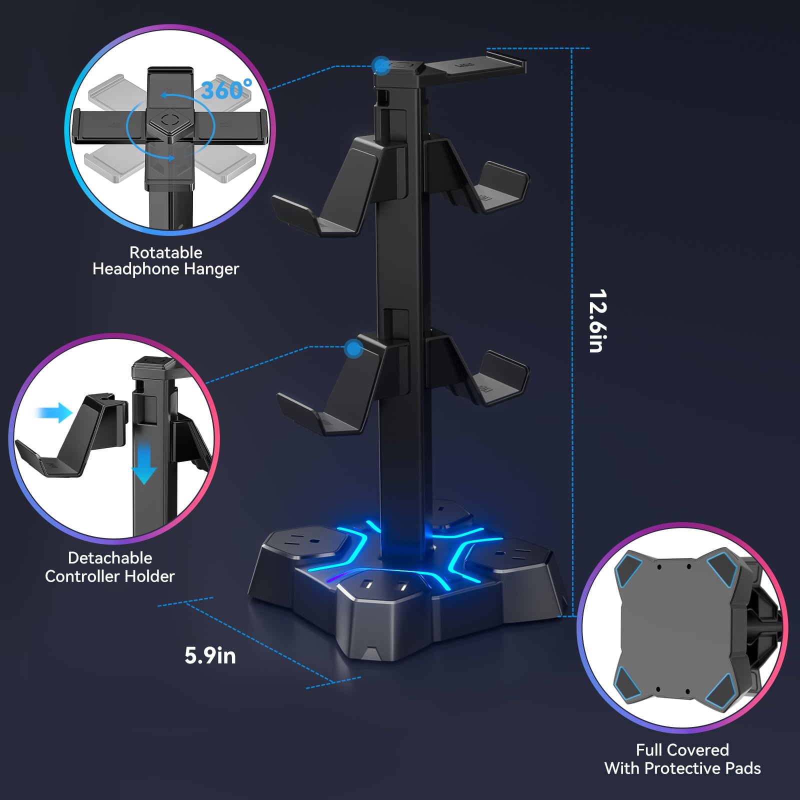 KDD Headphone Stand with USB Charger, Controller Stand for Desk, Headphone Holder with 2 USB Charging Ports and 3 AC Outlets, Accessories for Desktop(Black)