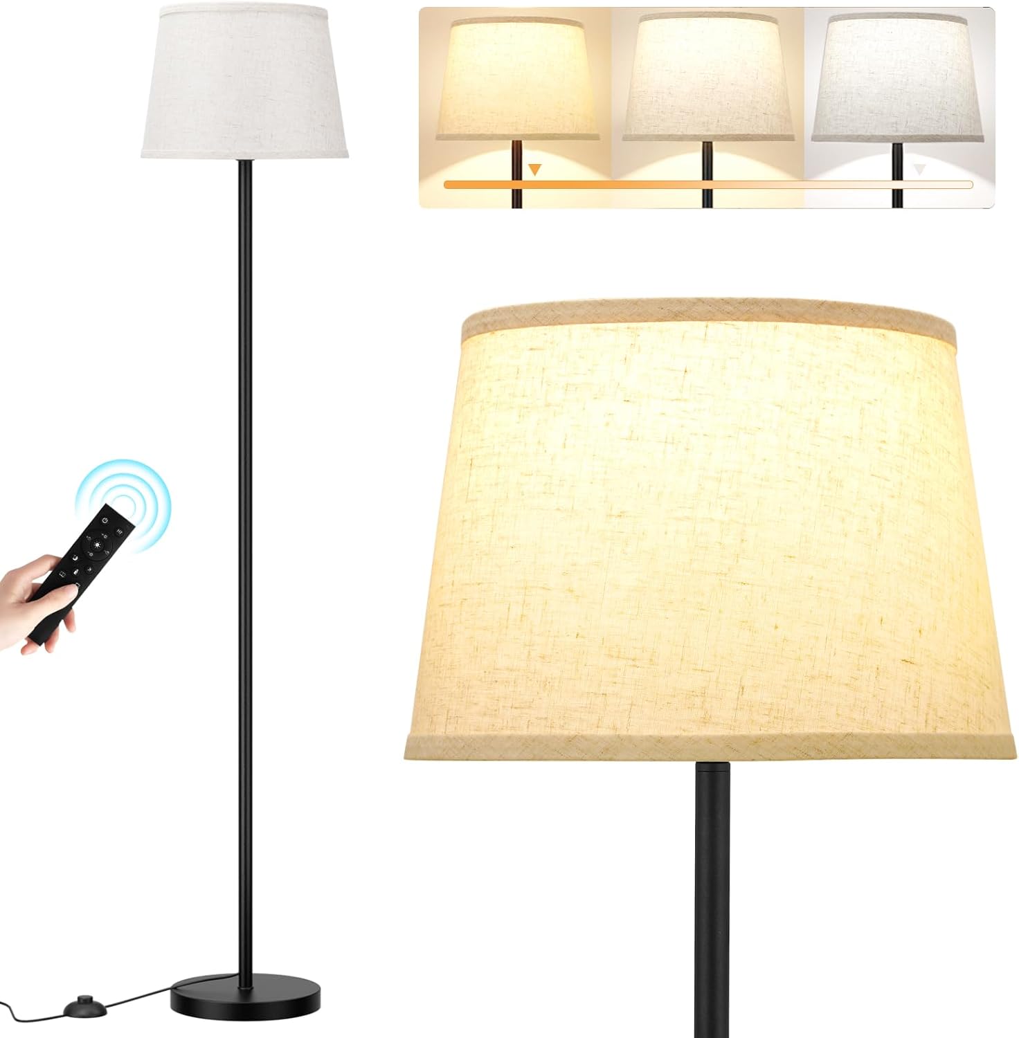 Upgraded Floor Lamps for Living Room White Shade and Beige Shade, Modern Floor Lamp with Remote Control, Dimmable Colors Temperature Standing Lamp Tall Lamps for Bedroom Office Kid Room(9W Bulb)