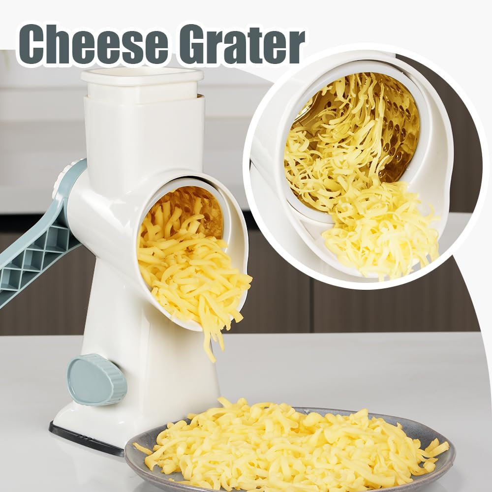 KEOUKE Rotary Cheese Grater Hand Crank Transparent - Shredder Slicer Grinder 3 Stainless Steel Blades, Stable Suction, Labor-Saving Handle, Safe Kitchen Tool for Cheese, Vegetable, Nuts, Chocolate