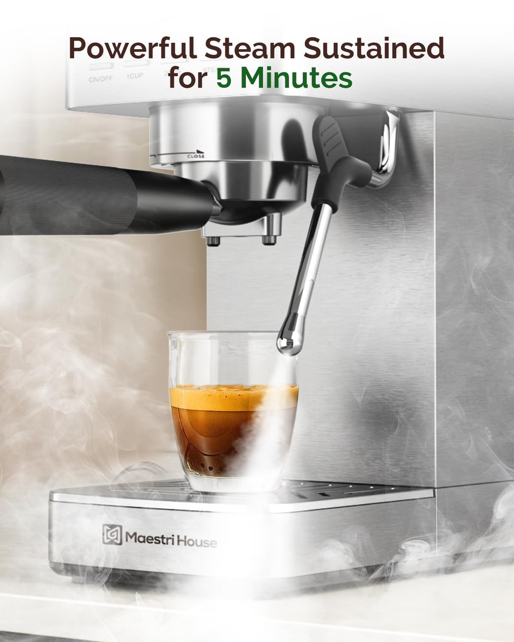 Maestri House Espresso Machine, 20 Bar ULKA Pump, Compact Espresso Maker Built-in Flow Meter Steam Milk Frother, Stainless Steel Coffee Machine for Cappuccino, Latte (Black)