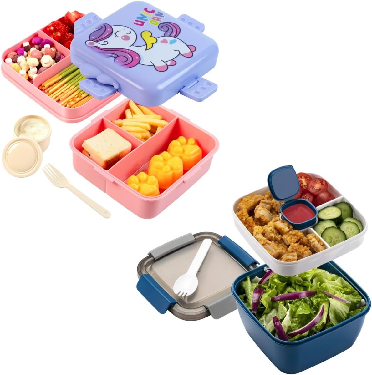 Freshmage Plastic Double-Layer Bento Box and Salad Lunch Container with 3 Compartments