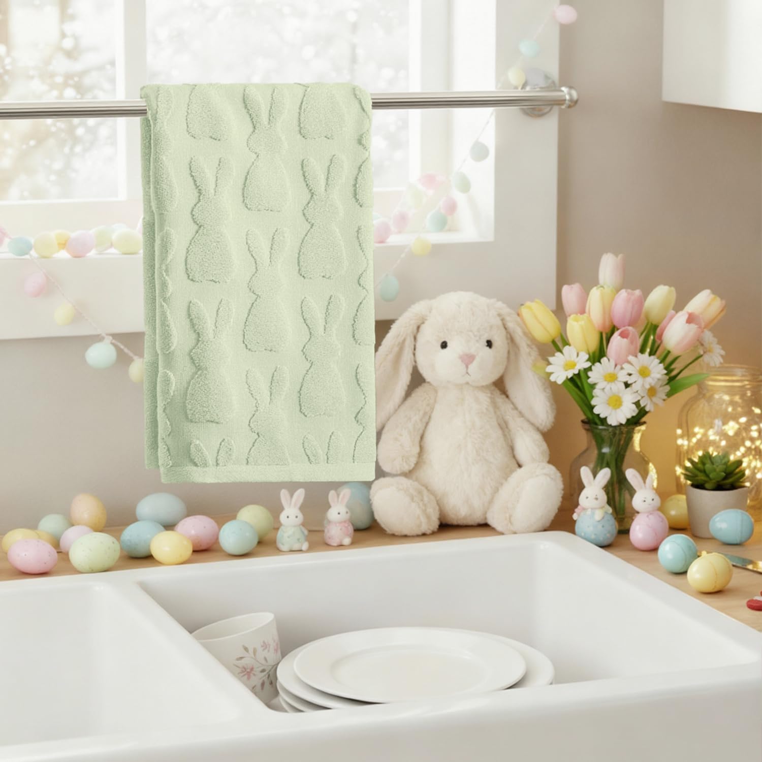 Artoid Mode 2 Pcs Beige 3D Rabbit Jacquard Easter Hand Towels for Bathroom, 100% Cotton Soft Absorbent Bathroom Decor Towels, 13.7 x 29.5 Inch