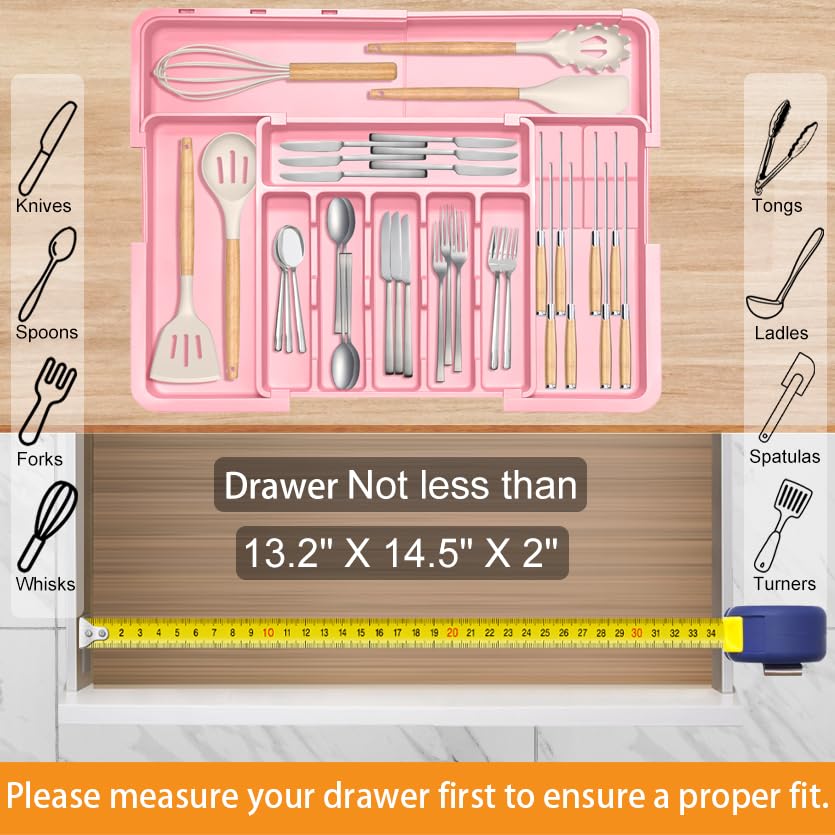 Homecor Silverware Organizer - Expandable Large Kitchen Drawer Organizer Utensil Organizer with 2 Removable Knife Blocks, 22"x 19"Cutlery Tray Drawer Dividers for Kitchen Flatware(6-9 Slots) (Black)