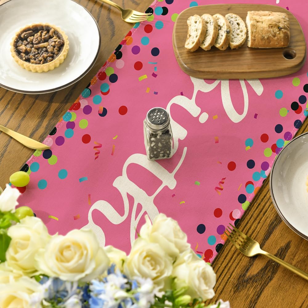 Artoid Mode Polka Dot Beige Happy Birthday Table Runner, Seasonal Kitchen Dining Table Decoration for Home Party Decor 13x72 Inch