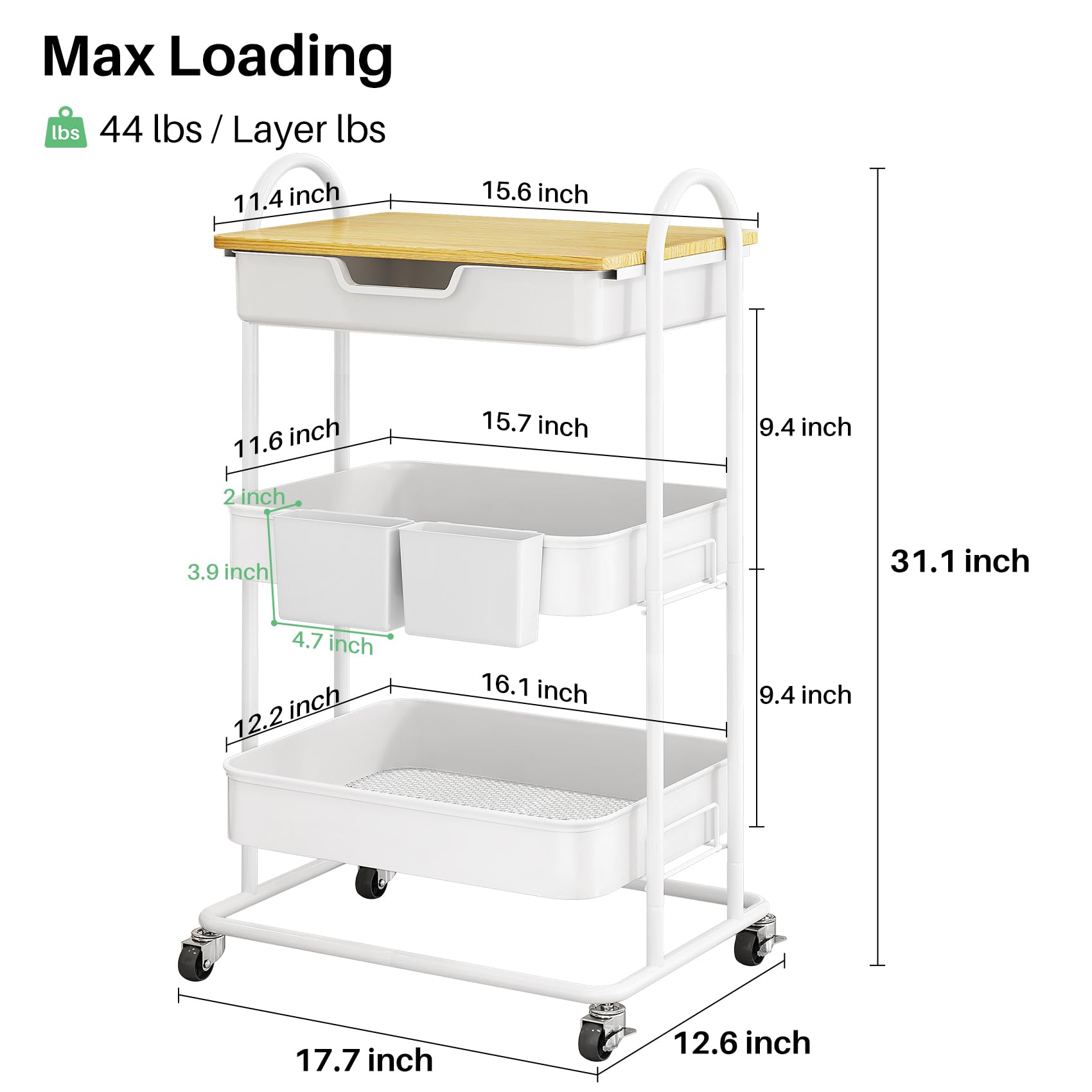 SNTD 3 Tier Utility Rolling Cart with Wheels - Smooth Sliding Drawers, Wooden Tabletop, Hanging Buckets for Kitchen, Art Room, Office, Bathroom (White)
