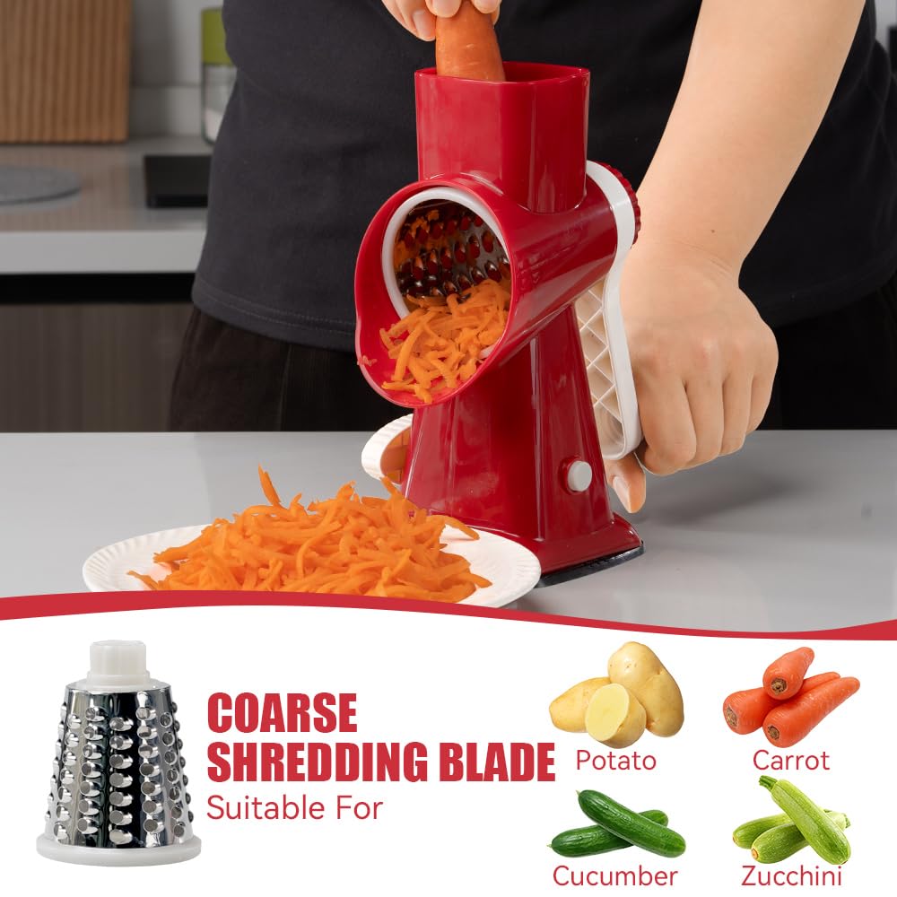 KEOUKE Rotary Cheese Grater Hand Crank Transparent - Shredder Slicer Grinder 3 Stainless Steel Blades, Stable Suction, Labor-Saving Handle, Safe Kitchen Tool for Cheese, Vegetable, Nuts, Chocolate