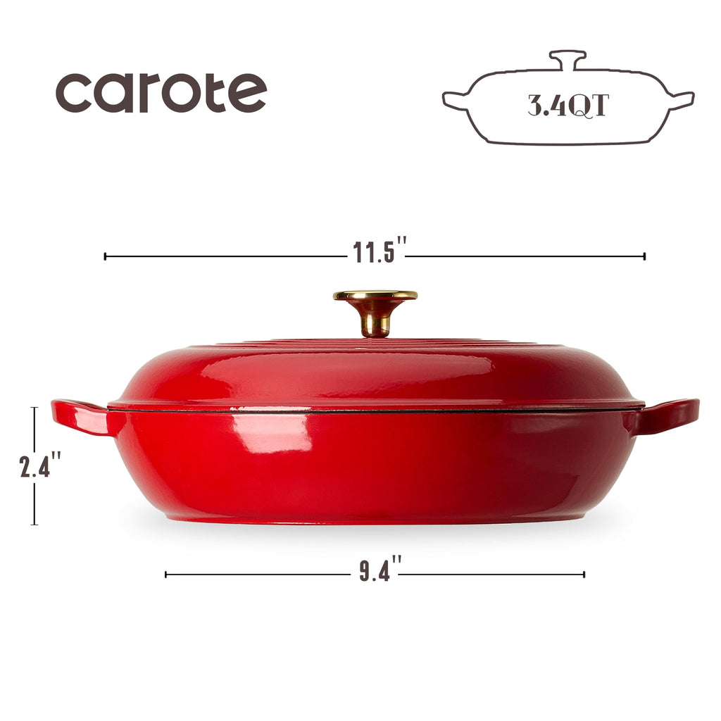 CAROTE 3.4QT Enameled Cast Iron Braiser Pan, Shallow Dutch Oven Casserole Skillets, Non-Toxic Cast Iron Pot with Lid for Grilling, Searing, Baking, Dual Handles, All Stovetop Compatible, White