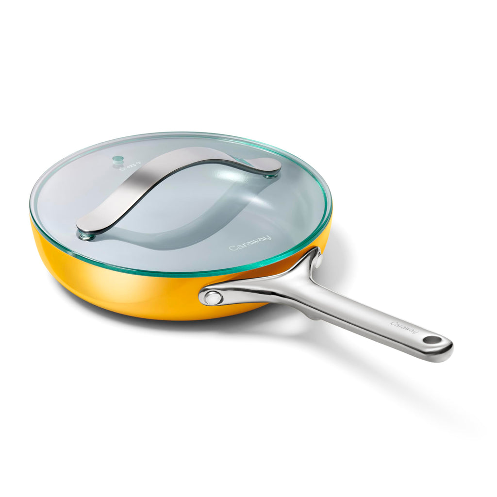 Caraway Nonstick Ceramic Frying Pan With Glass Lid (2.7 qt, 10.5") - Non Toxic, PTFE & PFOA Free - Oven Safe & Compatible with All Stovetops (Gas, Electric & Induction) - Cream