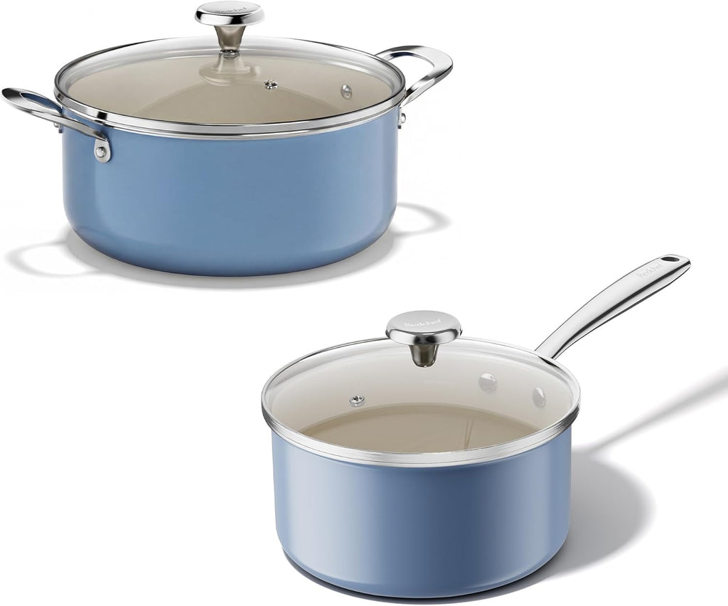 Redchef 5 QT Ceramic Stock Pot with Lid, 3.5QT Small Saucepan, Stay-Cool Handles, Compatible All Stovetops, PFAS PFOA & PTFE Free (Blue)