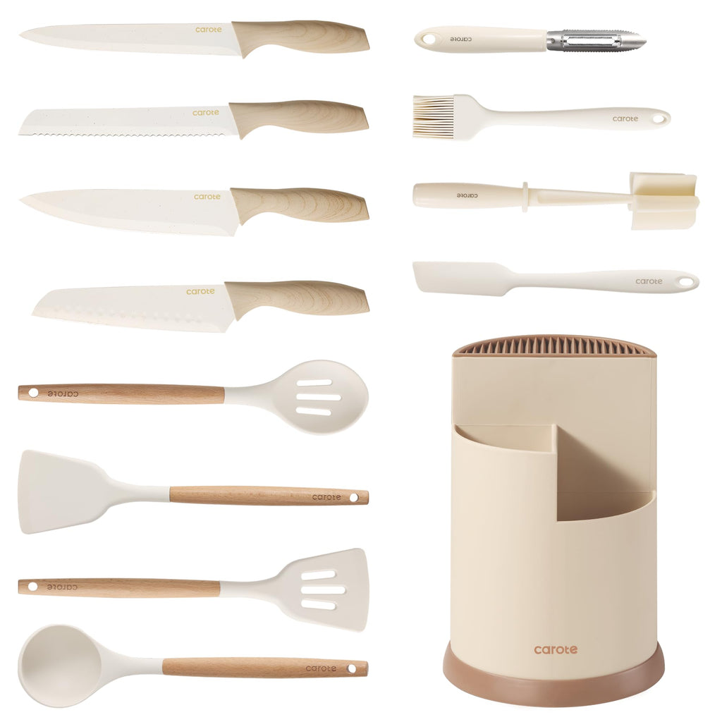 CAROTE Silicone Cooking Utensils Set for Nonstick Cookware, 446°F Heat Resistant Kitchen Utensil Set with Wooden Handle 10pcs, Spatula, Turner, Spoon, Tongs, Whisk