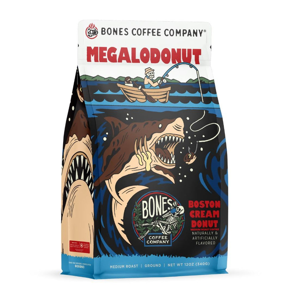 Bones Coffee Company Cinnamon Roll Flavored Coffee, Medium Roast Low Acid Arabica Beans Compatible with Auto drip and French Press Coffee Maker, 12 Oz Ground