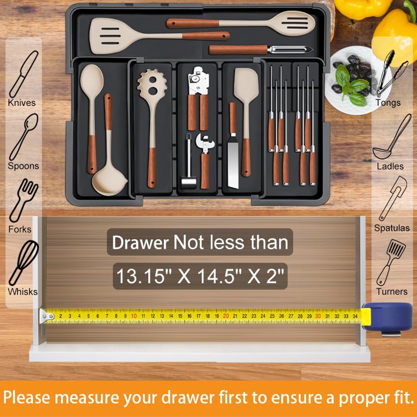 Homecor Silverware Organizer - Expandable Large Kitchen Drawer Organizer Utensil Organizer with 2 Removable Knife Blocks & 2 PACK Acrylic Straw Holder for Cabinet Door